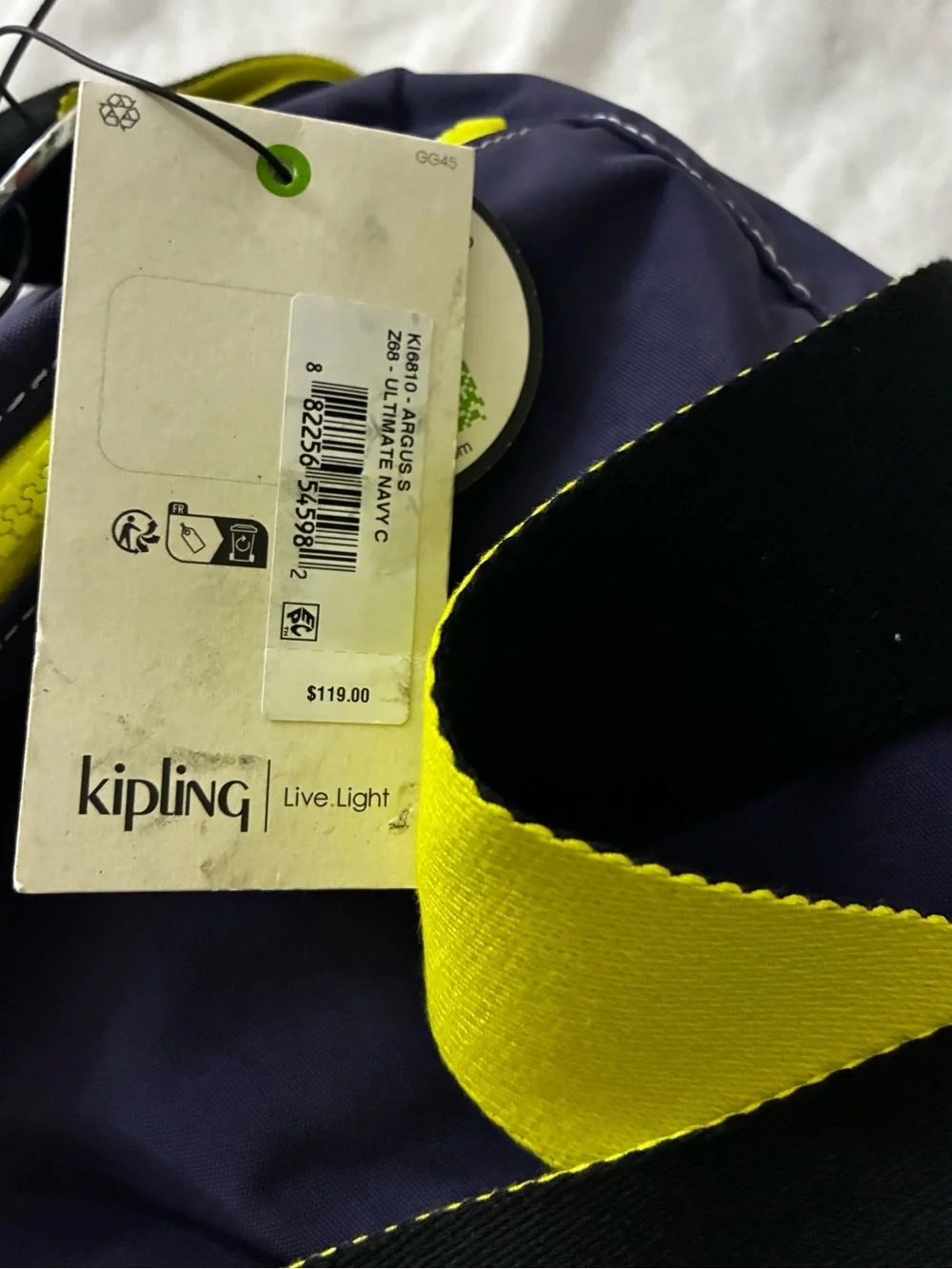 Kipling Navy Duffel with Neon Yellow Accents